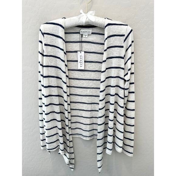 VELVET BY GRAHAM & SPENCER Navy Striped Open Front Waterfall Cardigan NWT Small - Picture 1 of 8